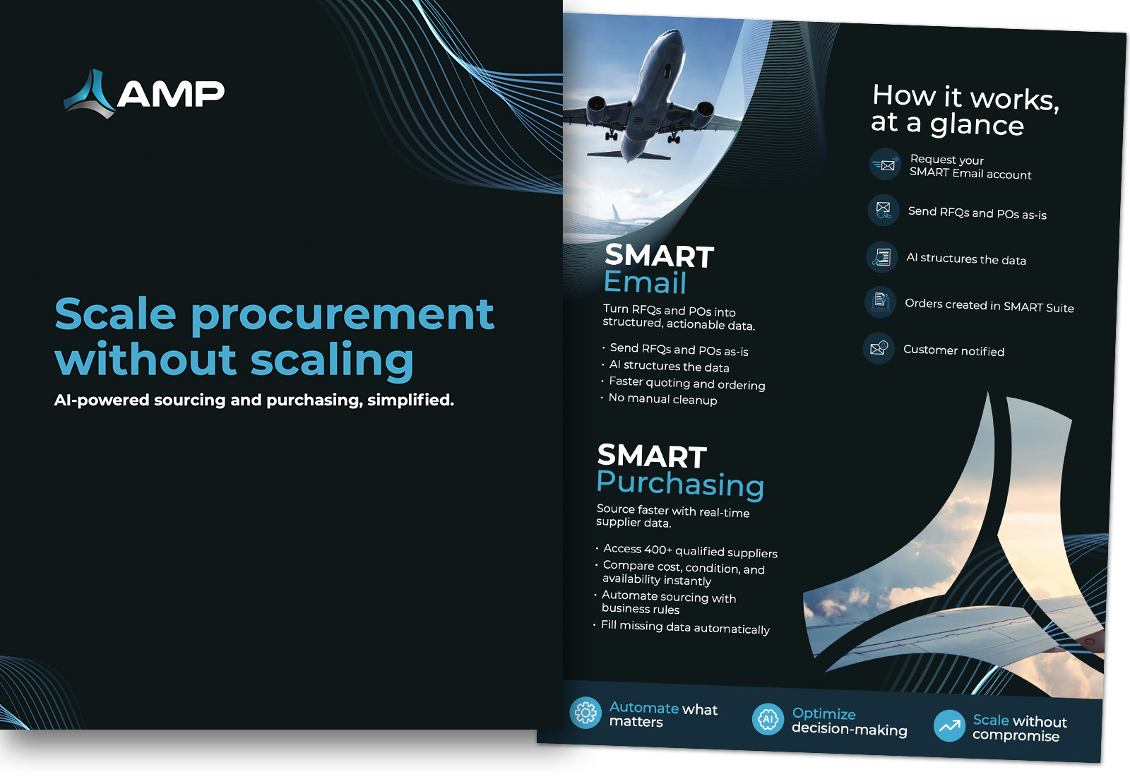 AMP product marketing collateral redesign showing front and back sales materials for aviation procurement platform